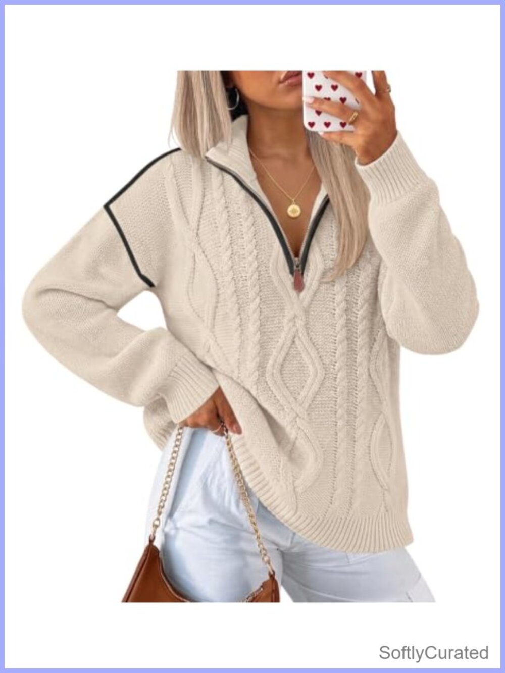 Quarter-Zip Cable Knit Pullover Sweater Cotton Blend Oversized Fall Winter